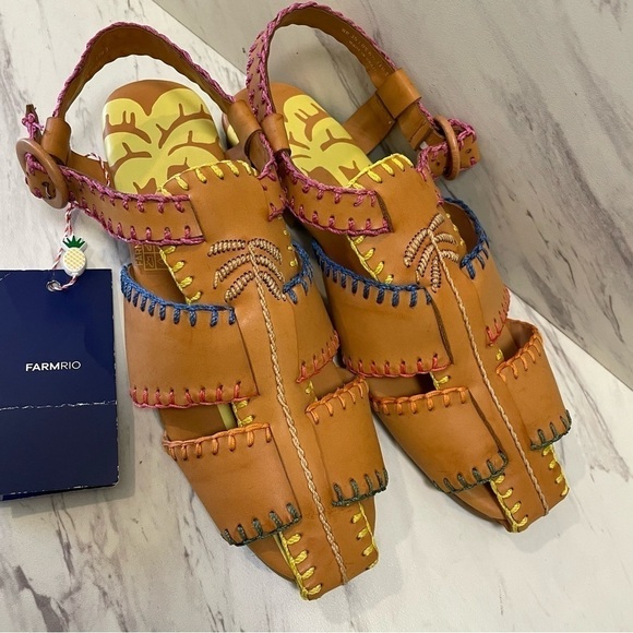 Farm Rio Women's Caramel Palm Tree Sandal Brown Boho Colorful US 6.5 NWT. - Picture 4 of 9